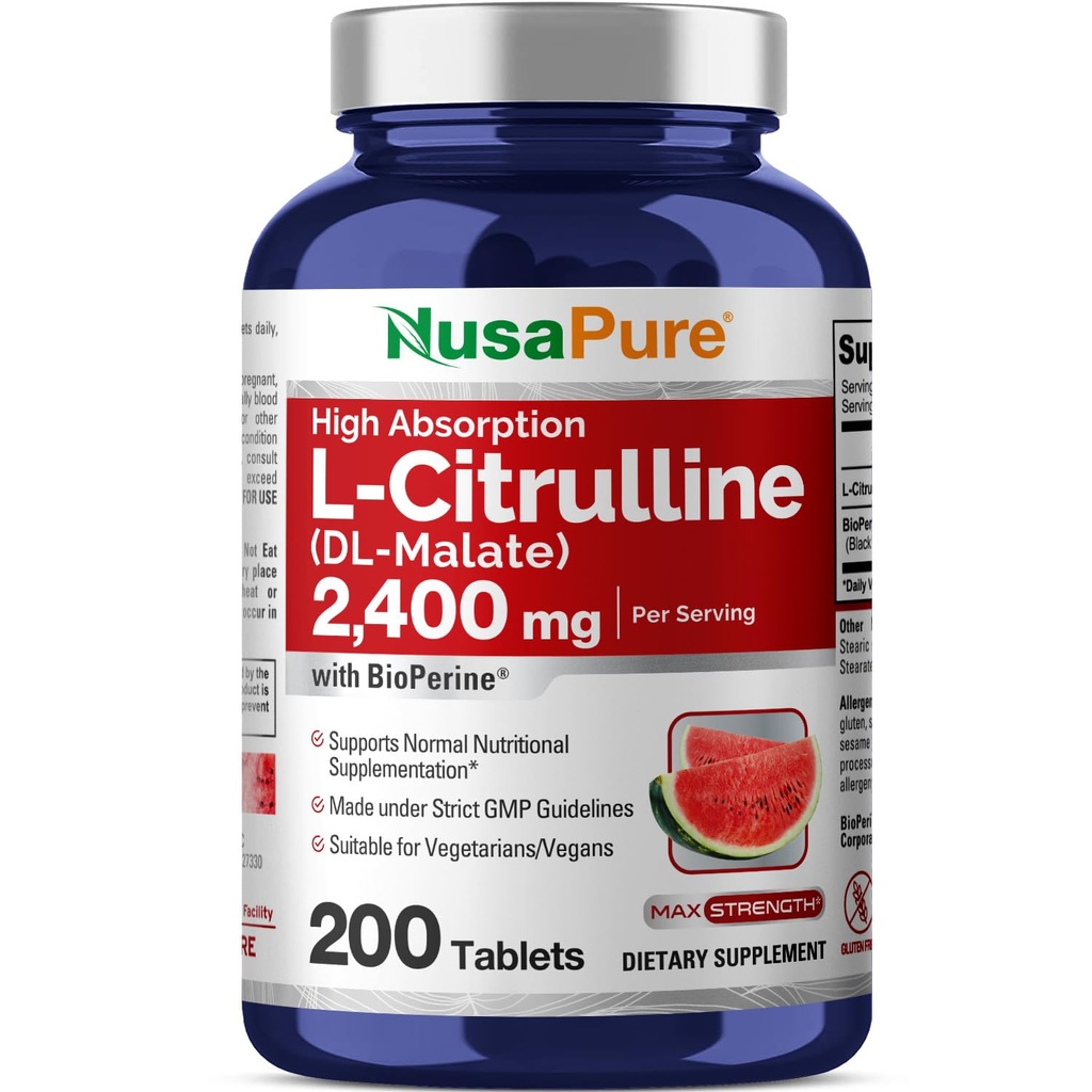 NusaPure L-Citrulline 2.400mg 200 compresse vegetariane (non OGM, senza glutine, 100 giorni di alimentazione, bioperina)