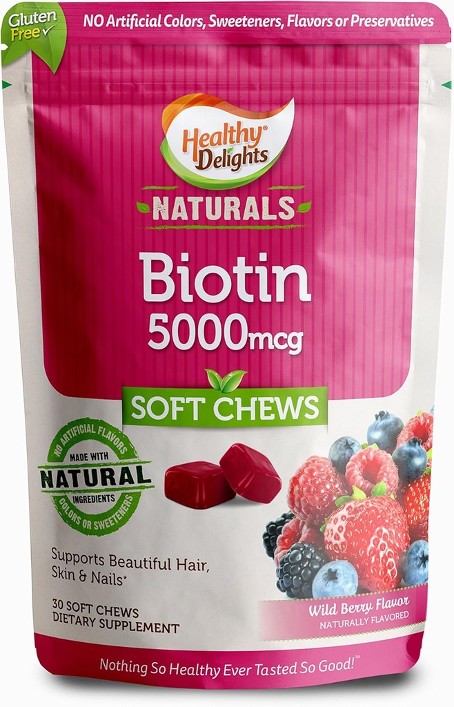 Delights sani naturali, Biotin Soft Chews, Supporta Lustrous Hair, Glowing Skin & Strong Nails, Delicious Wild Berry Flavor, 30 Conte