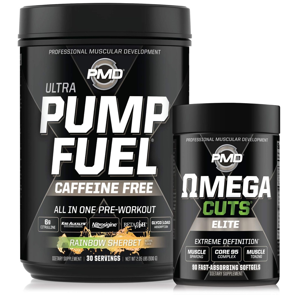 PMD Sport Ultra Pompa Fuel Caffeine Free - Pre Workout – Rainbow Sherbet (30 Serve) Sport Omega Cuts Elite Thermogenic Fat Burner (90 Softgels)
