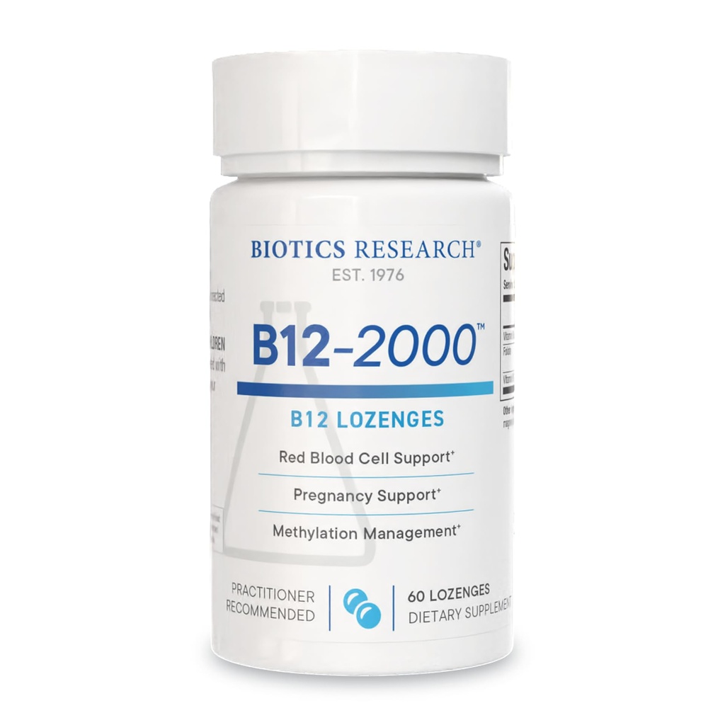 Biotics Research B12-2000TM Vitamina B12 2000 mcg, B6, Folate–B12 Sublingual Lozenges, Integratore di supporto per la metilazione, Alta Potenza, Altamente assorbibile, Naturale, Aroma di bacche, Dissolves Facilmente–60 Conta