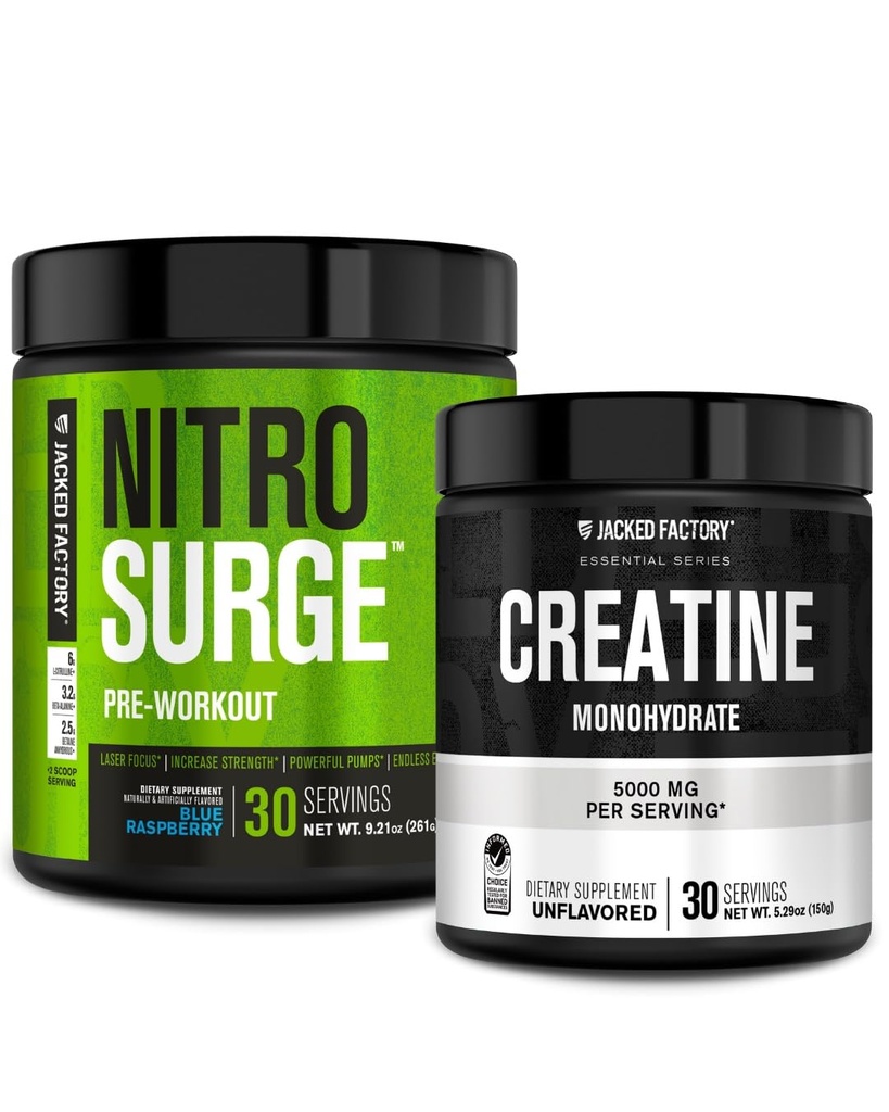 Fabbrica Jacked NITROSURGE Pre Supplemento di allenamento (Blue Raspberry) Polvere monoidrato di creatina 150g per la crescita del muscolo, aumento della forza, energia avanzata
