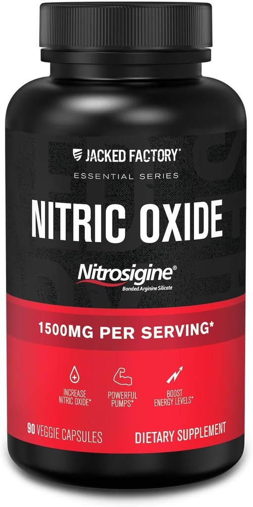 Jacked Factory Essentials Nitric Oxide Booster - brevettato Legato L-Arginina Silicato 1500mg Pre Supplemento di allenamento per la crescita del muscolo, pompe, vascolarità ed energia - 90 Pillole di verdure