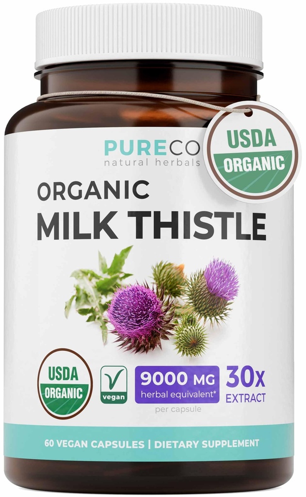 PURE CO USDA Organic Milk Thistle Supplement - 300mg of 30:1 Milk Thistle Extract with 80% Silymarin - Organic Herbal Liver Cleanse Detox & Repair - Vegan Non-GMO & Lab Verified (2 Month Supply)