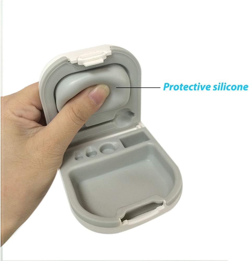 Custodia per apparecchi acustici con fessura di stoccaggio della batteria Hard Small 0.59"*2.44"*1.57", Cuscino in silicone, per ITE, apparecchi acustici BTE (bianco)