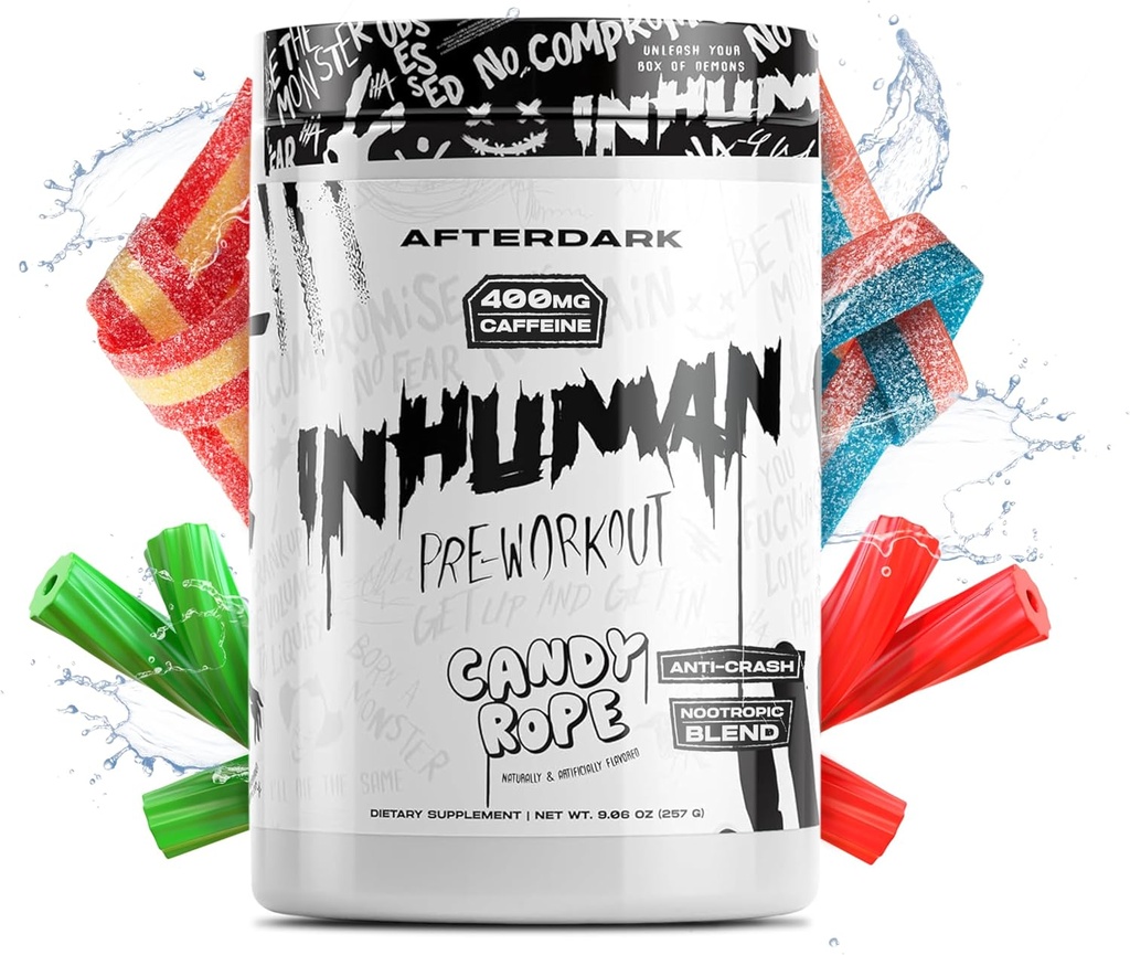 AFTERDARK INHUMAN polvere di pre-allenamento, connessione Mente-Muscle potenziata, energia sostenuta, Potente miscela nootropica, Vegan, senza glutine, senza soia, 400 mg di caffeina, senza Crash, Candy Rope