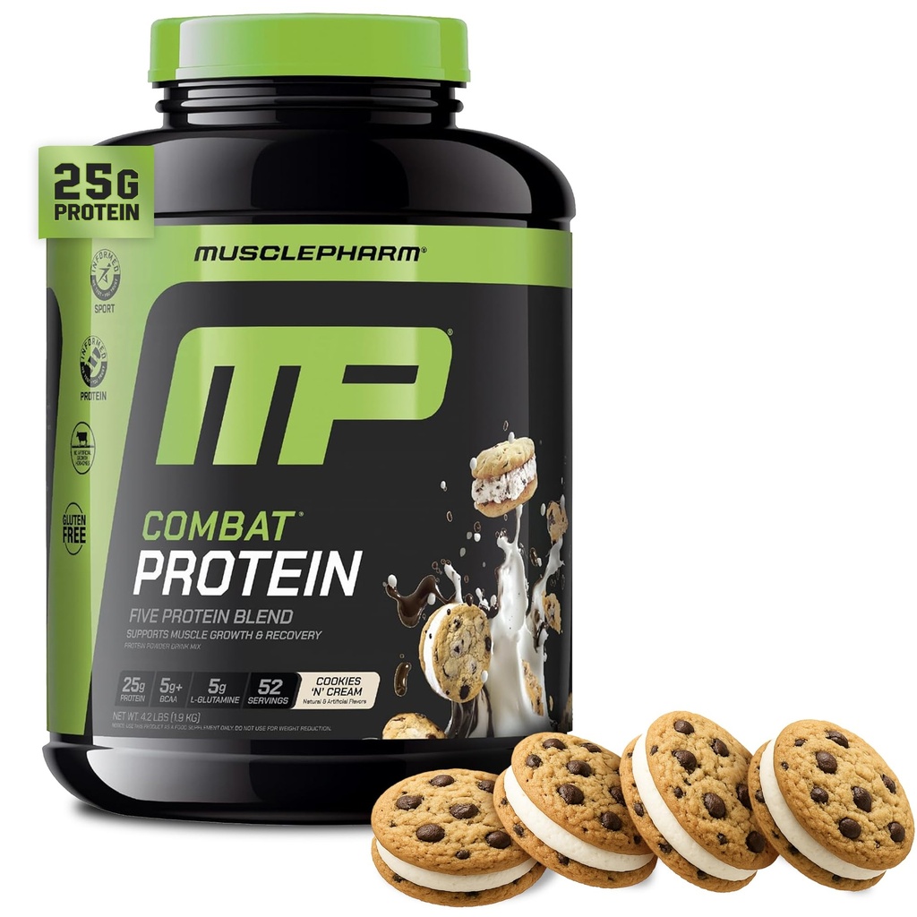 MusclePharm Combat Protein Powder, Cookies ‘N’ Cream Flavor, Fuels Muscles for Productive Workouts, 5 Protein Sources tra cui Whey Protein Isolate & Egg Albumin, Gluten Free, 4 lb, 52 Servings