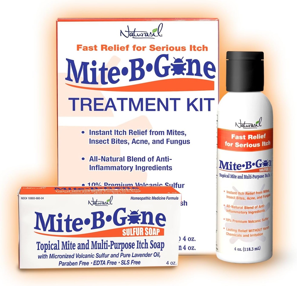 Mite Treatment Lotion & Soap by Mite-B-Gone |Relief Naturale per Acne, Bug Bites, Skin Redness & Itching, Discomfort & Rosacea | Cassetta di sicurezza per bambini e adulti
