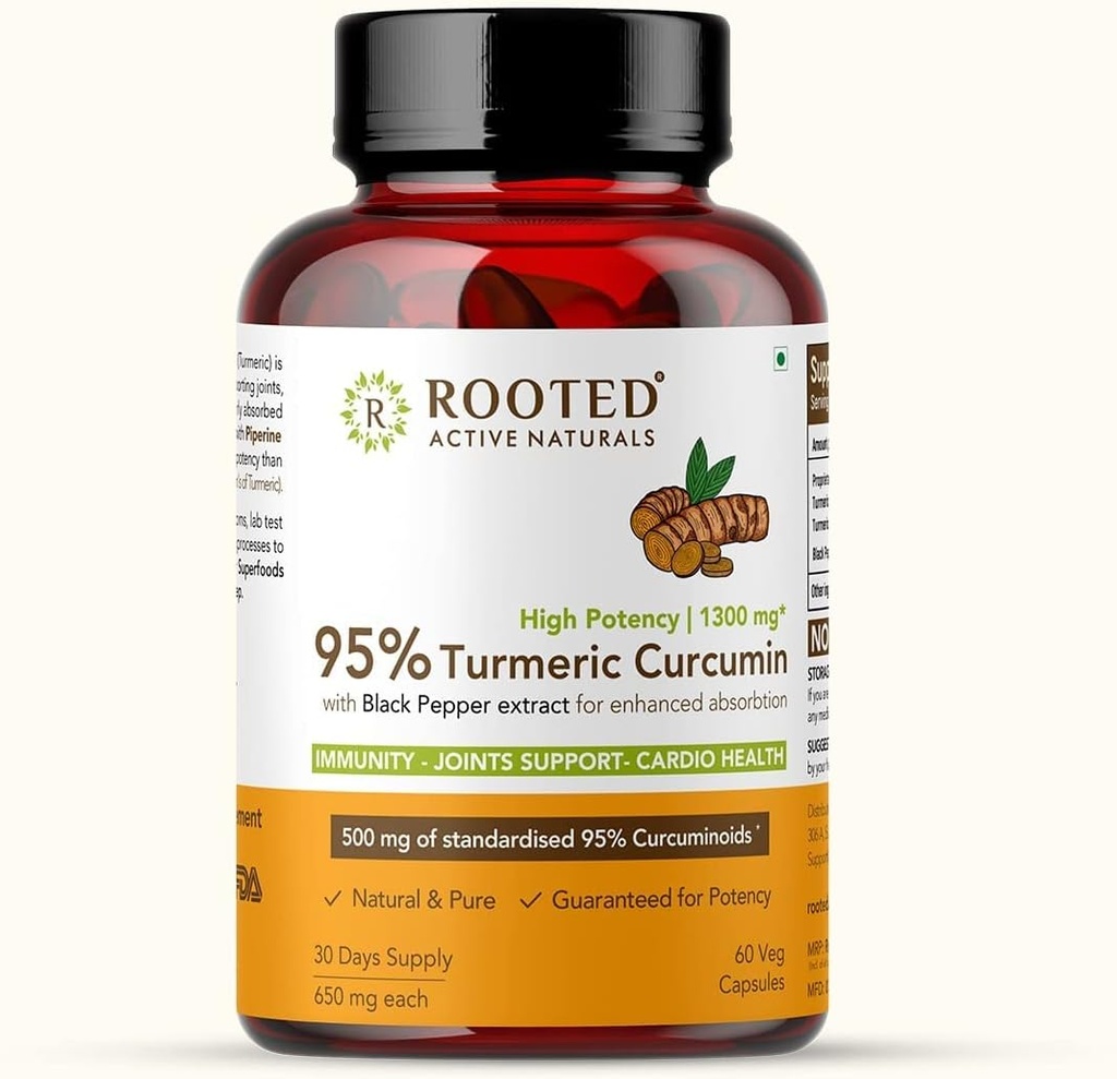 Curcumina (95%) con Estratto di pepe nero (per migliore assorbimento), 1300mg, per l'immunità, Giunti Salute | 60 capsule di Veg, 650 Mg Ogni