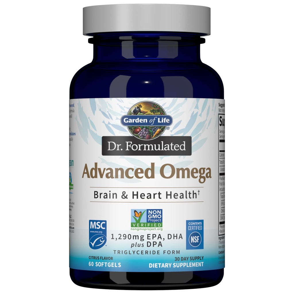Giardino della vita Dr. Formulated Advanced Omega Fish Oil - limone, 1.290mg EPA, DHA + DPA in forma di trigliceride, Supplemento Omega 3 a singola fonte per la salute del cervello e del cuore, Non-OGM, 60 Softgels