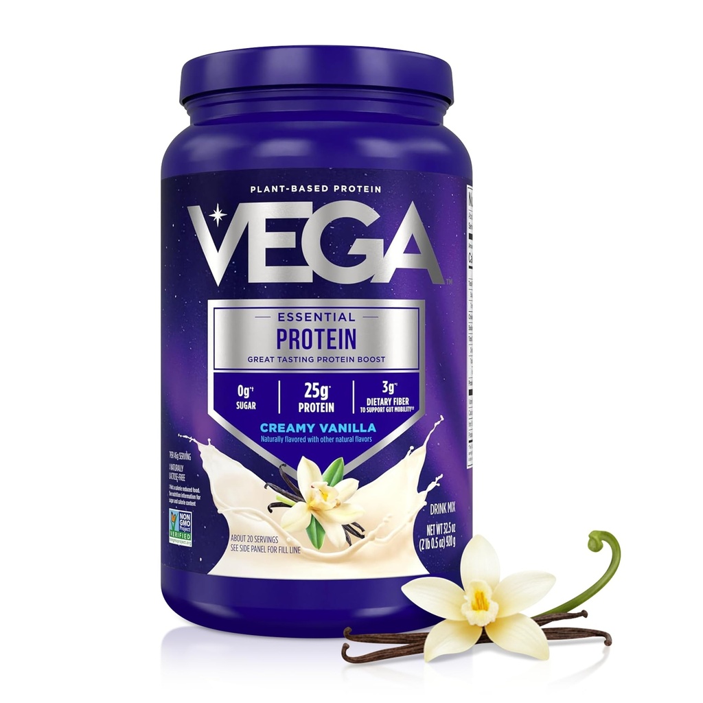 Vega Proteina Essenziale Originale - 25g Proteina Basata sulle piante, Vaniglia Cremosa, 20 Serve, Vegan Non OGM Drink Mix, Smoothie & Shake Ready, Gluten Free, Dairy Free, 32.5oz (Packaging May Vary)