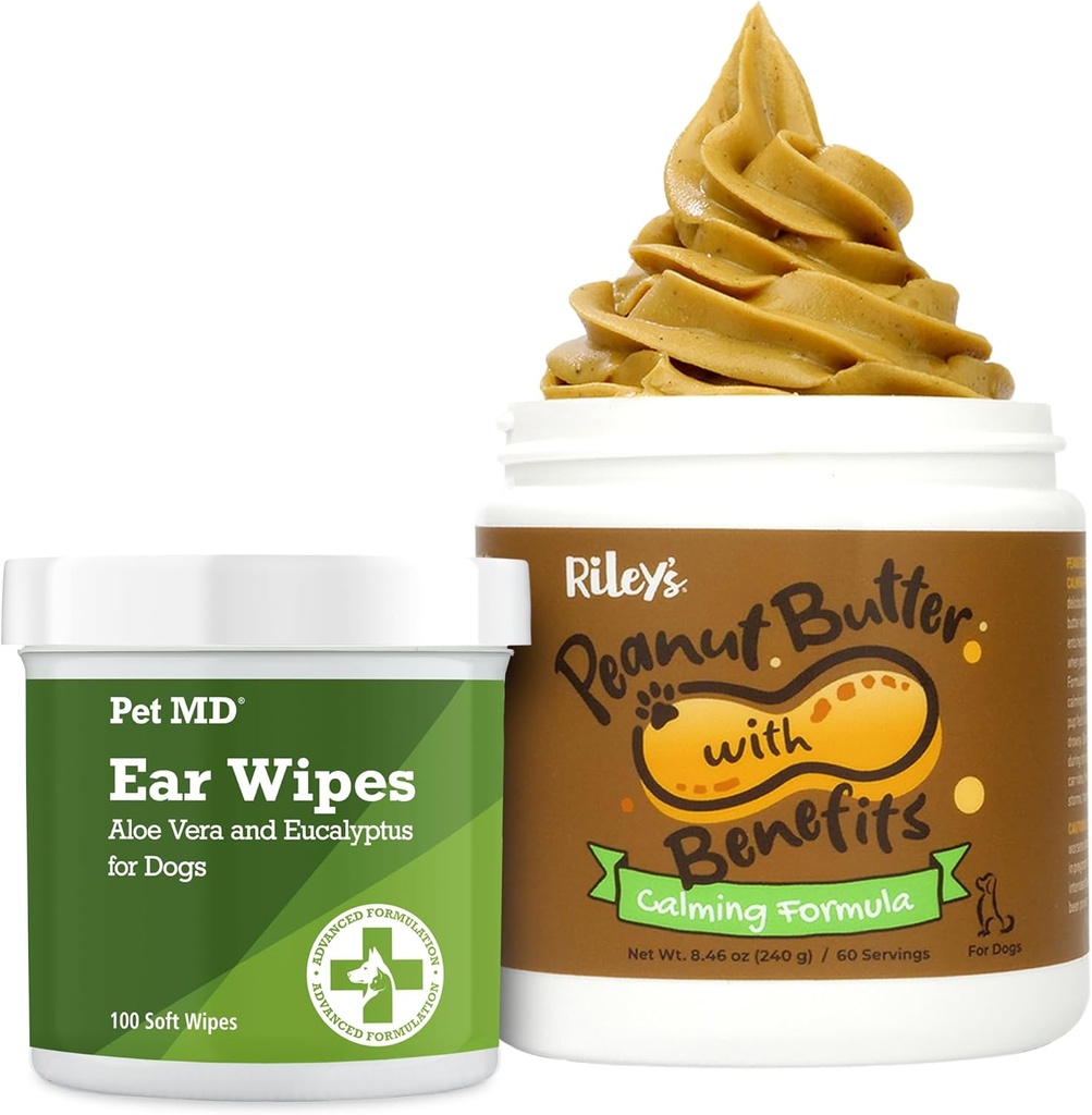 Pet MD Dog Ear Cleaner Wipes + il burro di arachidi calmante di Riley per cani