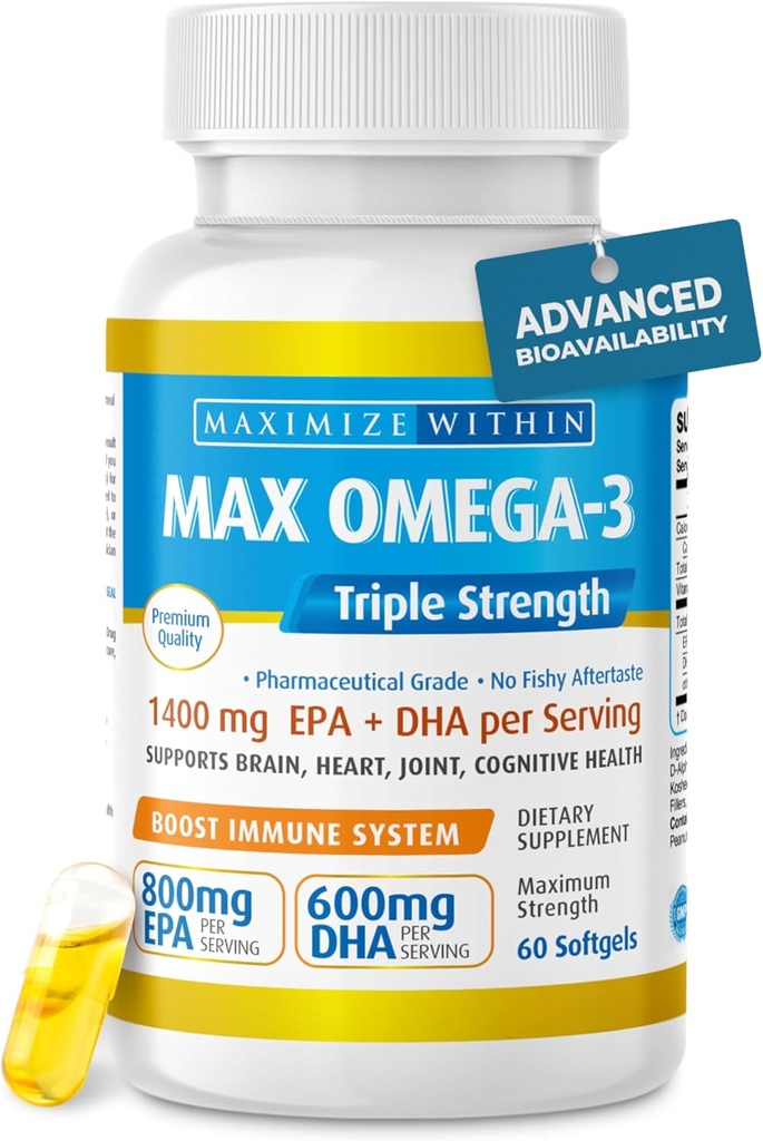 Massima Slim Max Omega 3 Fish Oil Pills - Tripla resistenza Fish Oil Supplemento (2000 mg Total Omega 3 acidi grassi: 600mg DHA + 800 mg EPA per porzione)