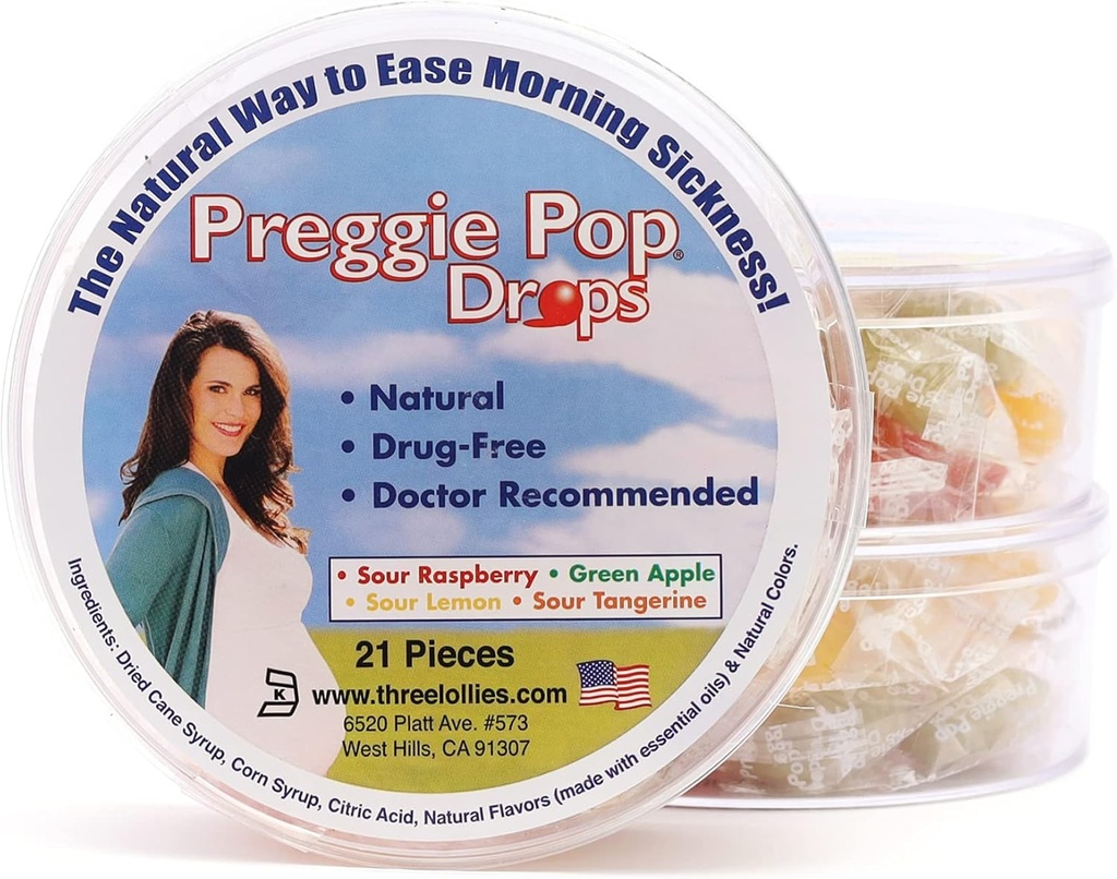 Preggie Pop Drops - aiuta Mattina Malattia Durante Gravidanza (3 pacchetto, 63 conteggio) - Con oli essenziali, Sicuro per la mamma incinta & bambino, senza glutine - limone, lampone, mela verde, Tangerine