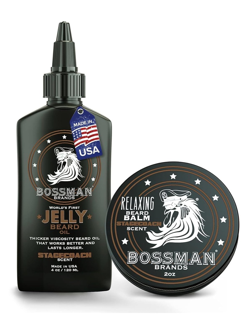 Bossman Jelly Beard olio per uomo & Beard Balm per gli uomini Combo - Softens, Tames idrata e condizioni - Stagecoach Scent - Ingredienti naturali & Made in Italy