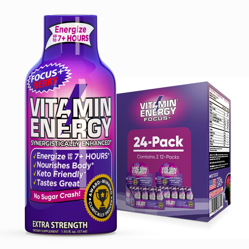 Vitamin Energy Focus+ Extra Strength Energy Shot Berry 24 Pack, 260mg Natural Caffeine, B-Vitamins, CoQ10, Aminoacidi, Focus, Produttività & Clarity, Zero Sugar, Gluten-Free, 1.93 fl oz