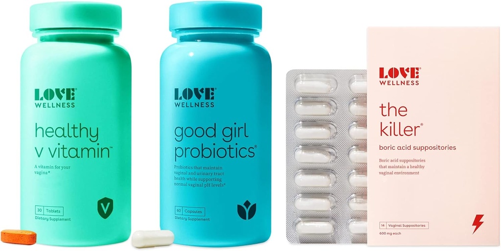 Love Wellness The Killer, Good Girl Probiotics & Healthy V Vitamin | Triple Threat Vaginal Suppository Kit | Vitamine e Suppositori ad azione rapida per la salute vaginale - Aiuta a sostenere l'odore sano e pH