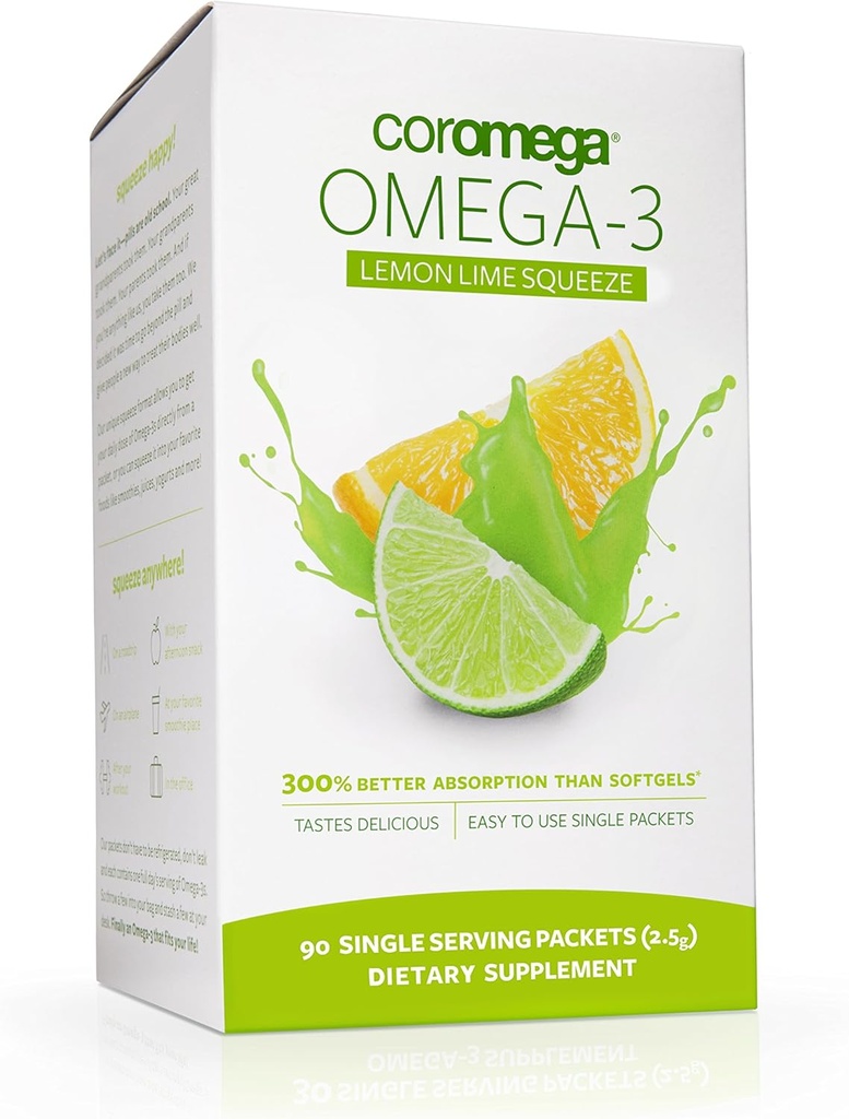 Coromega Omega 3 Fish Oil Supplement, 650mg di Omega-3 con 3X migliore assorbimento di Softgels, Lime Lime Flavor, 90 singolo Serve Squeeze Packets