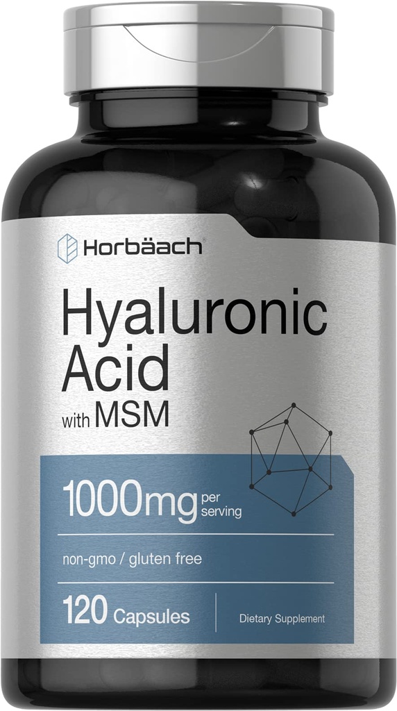 Acido ialuronico Horbäach con MSM | 1000 mg | 120 capsule | Supplemento gratuito non OGM e Gluten | Formula biodisponibile