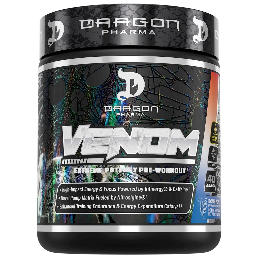 DRAGON PHARMA Venom Extreme Potency Pre-Workout, Laser Sharp Focus + Energy, Performance Intensa, Ingredienti Proven per Vasodilation & Endurance (40 Serve, Bomb Pop)