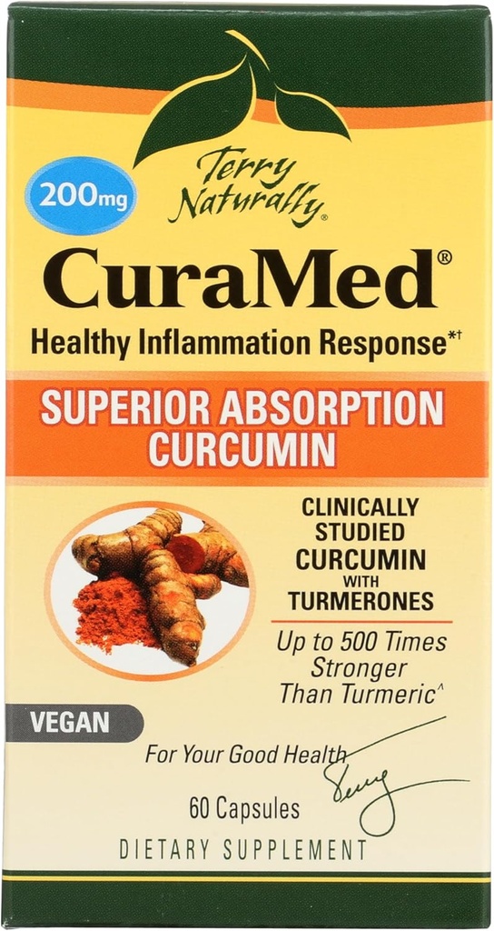 Terry naturalmente CuraMed 200 mg - 60 Vegan Softgels - Assorbimento Superiore BCM-95 Curcumina Supplemento, Promuove la risposta di infiammabilità sana - Non OGM, Senza glutine, Kosher - 60 Serve
