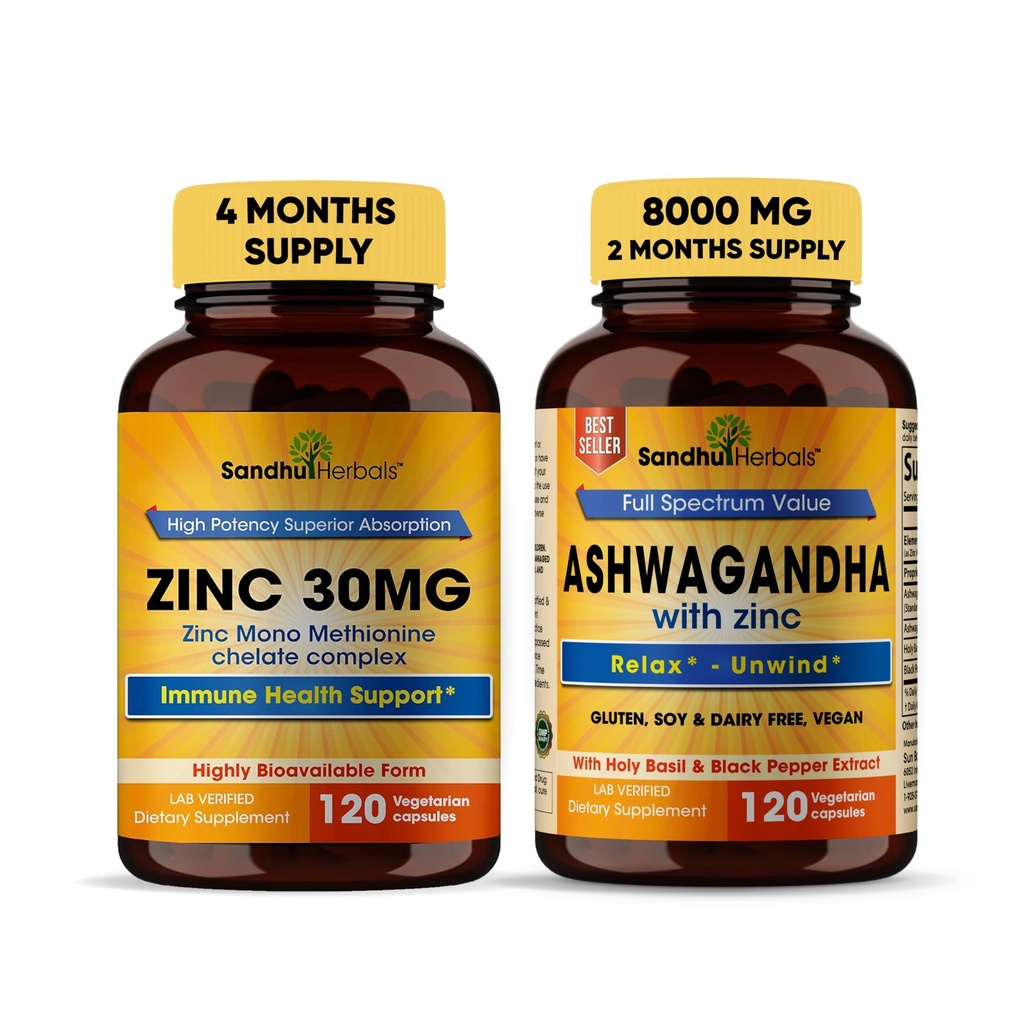 Sandhu Herbals Zinc 30mg Supplemento e Organic 4 in 1 Ashwagandha Capsule con Zinc| Supporta pelle sana, Sistema immunitario