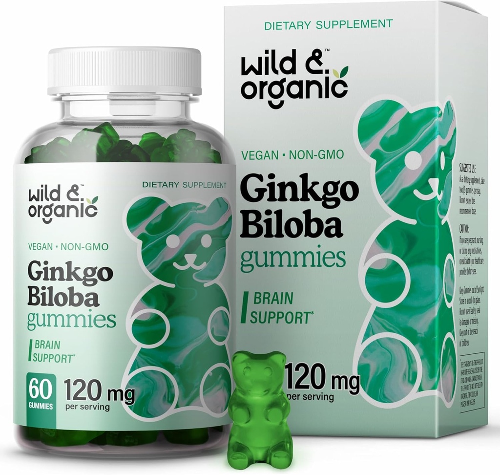 Gingko Biloba 120mg Gummies - Supporto del cervello e supplemento di messa a fuoco w/Ginkgo Estratto di Biloba - Vegan, Non OGM - 60 Pectin-Based Herbal Chewables