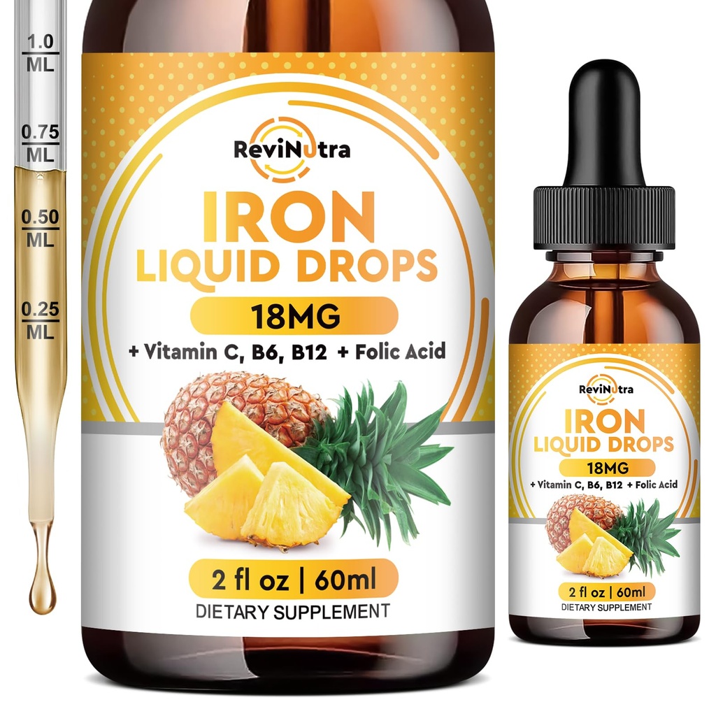 Supplemento di ferro liquido per le donne, uomini e bambini, gocce di ferro liquido con Folate, vitamina C, B6, B12 per l'anemia, globuli rossi, supporto energetico, aroma di ananas, 2 Fl Oz