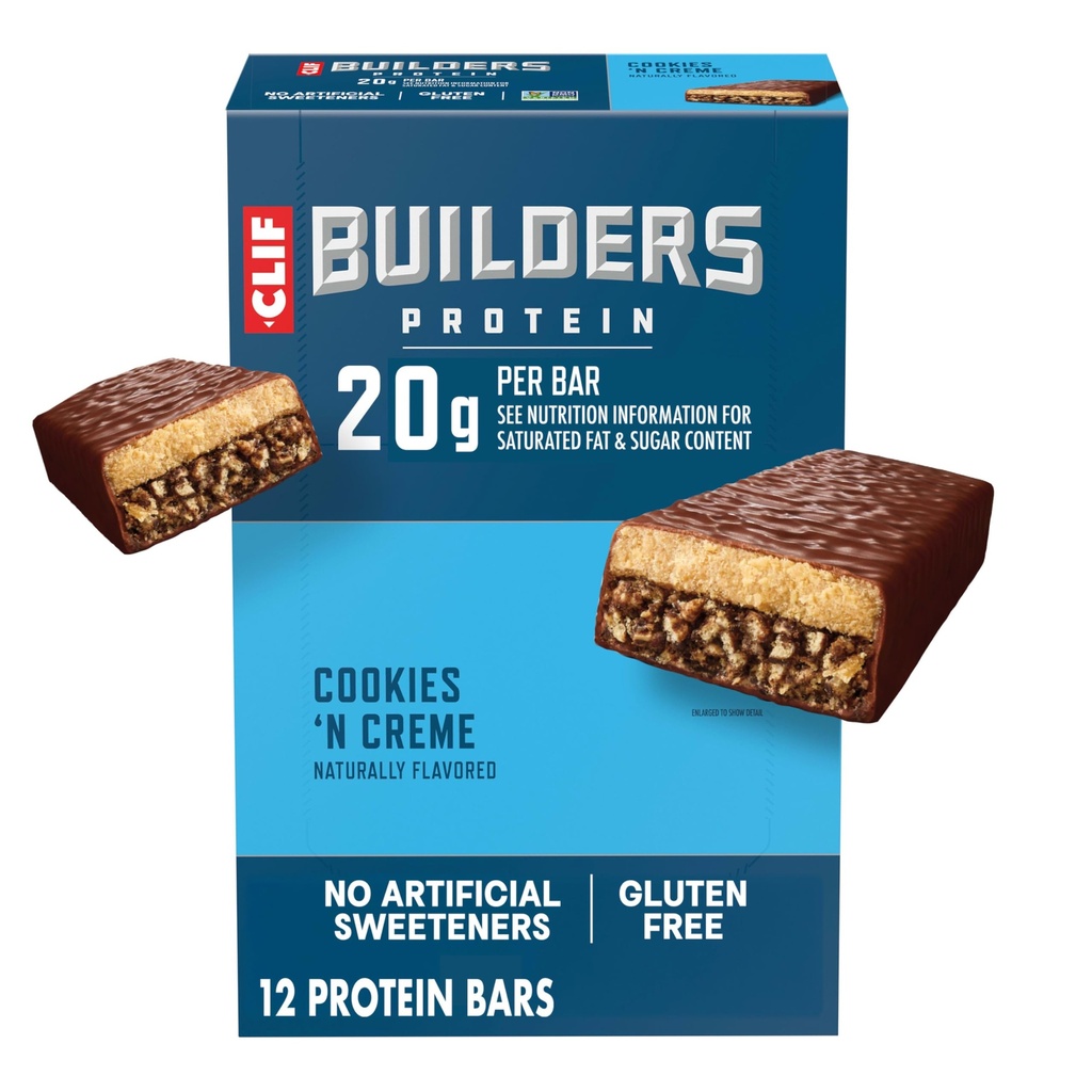 CLIF BUILDERS Protein Bars - Cookies 'n Cream Flavor - 20g Proteine a base di piante - Gluten Free - Non-GMO - Bassa glicemica - Nessun dolcificante artificiale - 2.4 oz. (12 Confezione)