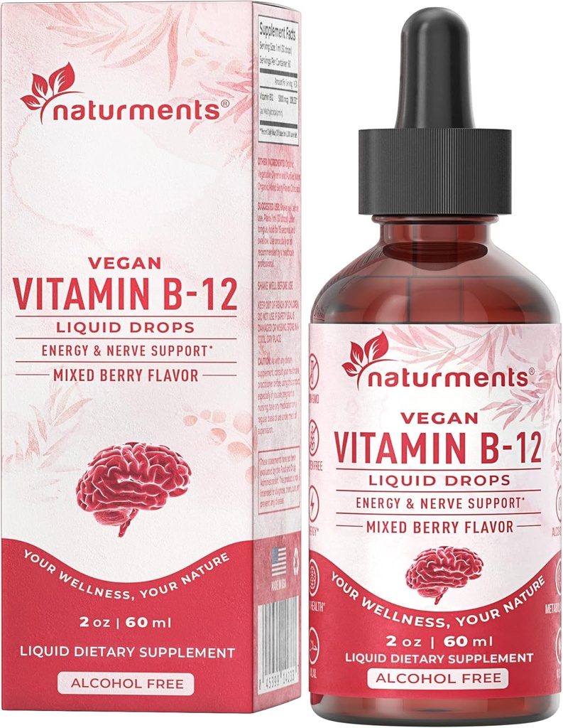 Naturments Vitamina B12 5000 mcg Organic Liquid Drops: Energy & Nerve Support- Vegan Alcohol Free, Non-GMO, Sugar Free 2 Fl Oz