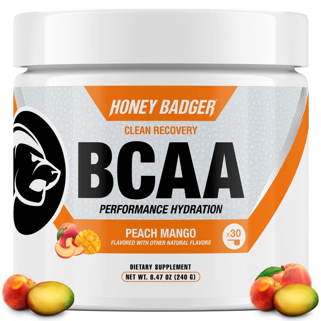 Miele Badger BCAA + polvere di aminoacidi EAA, BCAAs + L-Glutamina, Keto, Vegan, Zucchero Libero per gli uomini e le donne, Hydration & post allenamento recupero muscolare Bere Mix, Peach Mango, 30 Servings