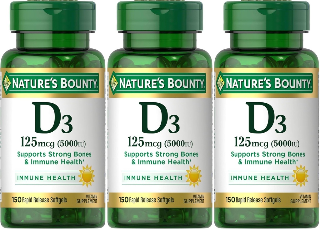 Vitamina di Bounty della natura D3 125 mcg-5000 IU Softgels, massima resistenza 150 ea ( Confezione da 3)