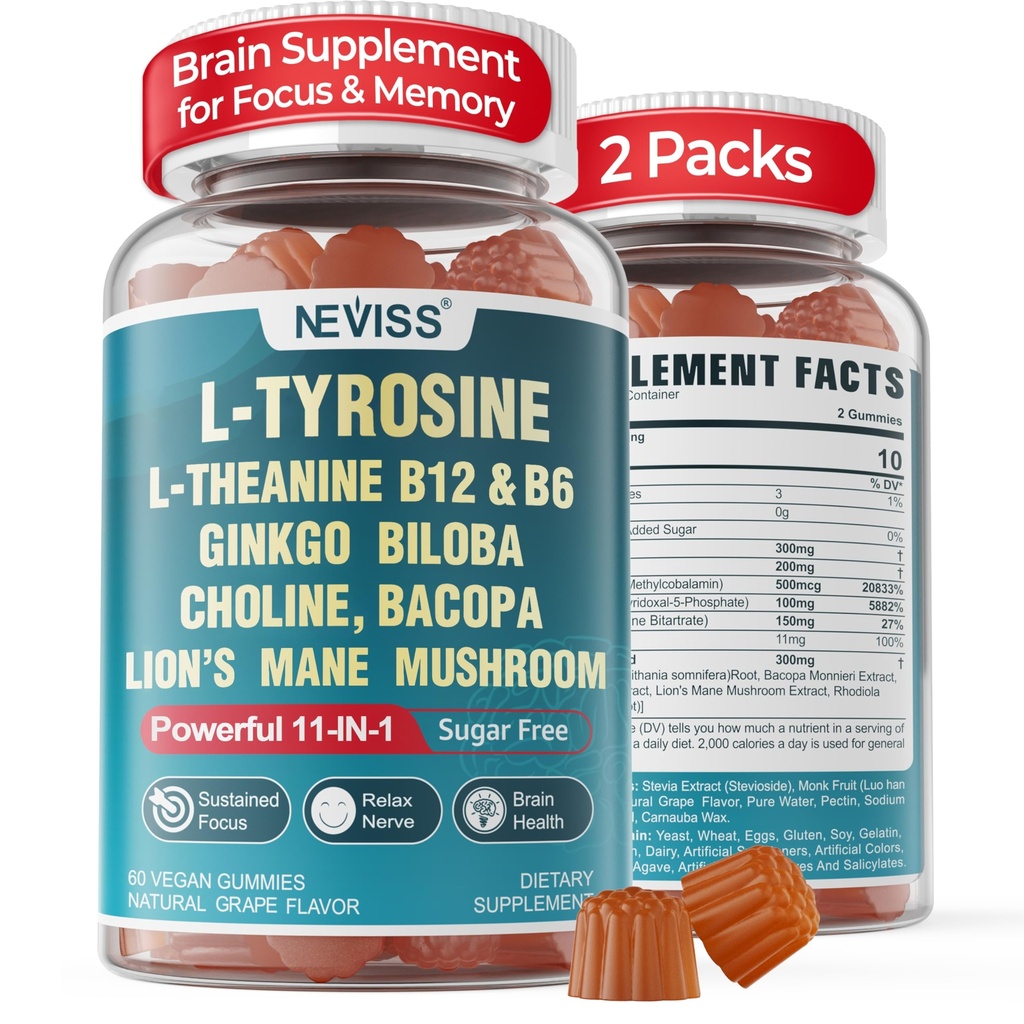 11-IN-1 Brain Supplemento per memoria e messa a fuoco con L-Tyrosine L-teanina, Methylated B12 & B6, Lion's Mane Mushroom, Ginkgo Biloba, Bacopa Monnieri, Choline for Focus, Nootropic, Energy, 2Packs