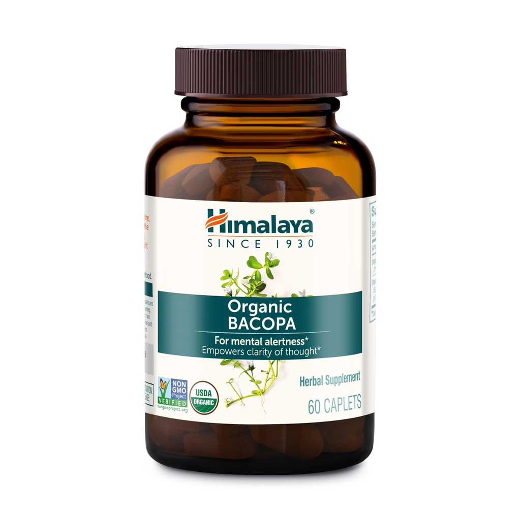 Himalaya Bacopa Monnieri Nootropic Herbal Supplement, Supporta la calma, la memoria, la cognizione, USDA Certificato Organico, Non-GMO, 750 mg, 60 Caplets piantati, 60 giorni di alimentazione