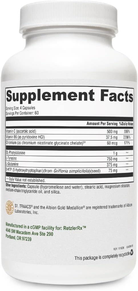 Crave Control di RetzlerRx - Supporto per aiutare il Curb Appetite and Combat Cravings - Cromo, DL-Phenylalanine, L-Glutamine, Vitamina B6 + 5-HTP per Mood & Appetite Support (240 capsule)