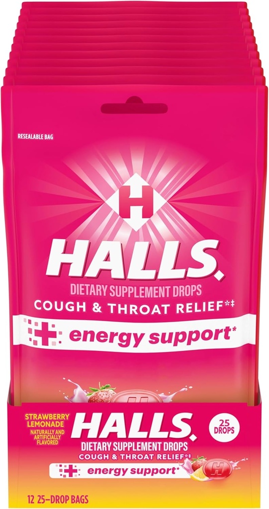 HALLS Rilievo + supporto energetico, gocce di tosse di limonata di fragola, 12 sacchetti di 25 gocce (300 gocce totali)