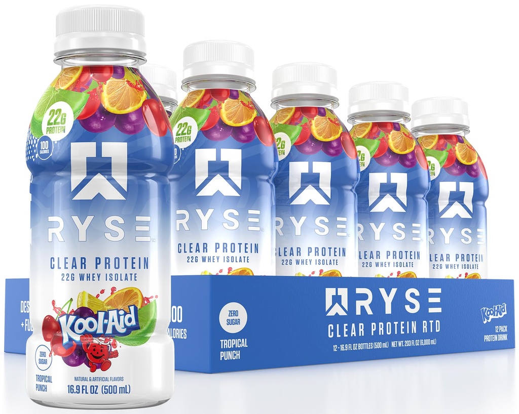 RYSE Clear Protein Drink - Kool-Aid Tropical Punch - 100 Calorie, 22g Whey Isolate Protein Shake, Sugar-Free, 0g Fat & Lactose-Free - Refreshing Ready-to-Drink Beverage - 16.9 fl oz Bottiglie (12-Pack)