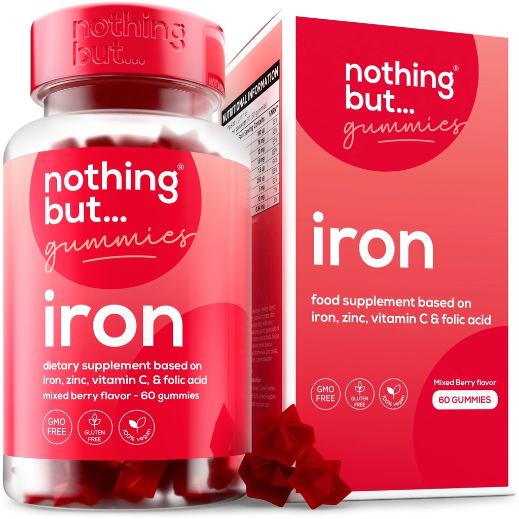 Supplemento di ferro naturale delle donne e degli uomini | un gustoso aroma di bacche miste | Chewable Vegan Iron Supplements w/Vitamin C, Zinco, Acido Folico & B Vitamine | 60 Iron Gummies | Anemia