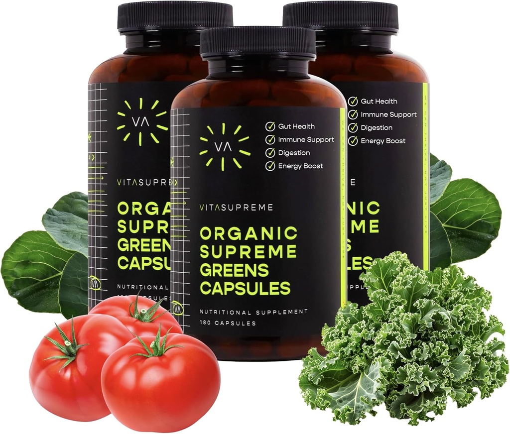Vita Supreme Organic Super Greens Superfood Capsule, Integratore Nutritivo per Gut Health, Supporto Immune, Digestione, Energia e Altro (Non-GMO, Keto, Vegan) 180 Capsule, 3 Pack