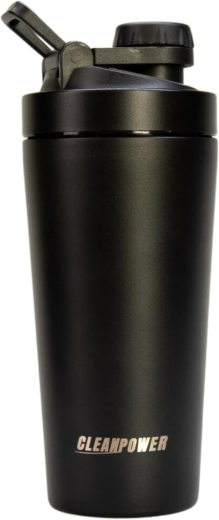 Bottiglia di Shaker in acciaio inossidabile CleanPower | Perfetto per scuotere proteiche, pre-allenamento, smooti, caffè, ecc | Odor-Resistant | BPA Free Lid (Matte Black)