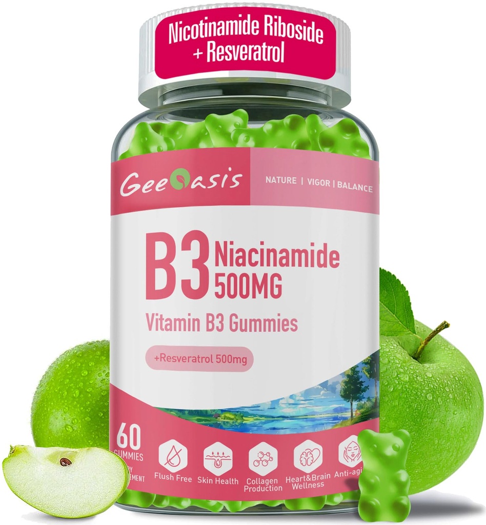Niacinamide 500mg Gummies, Chewable Vitamin B3 Supplemento con Resveratrolo 500mg, Niacin ad alta potenza per Antiossidante, Salute della pelle e del cervello, Supporto immunitario, Sapore di mela Vegan, 60 Conte
