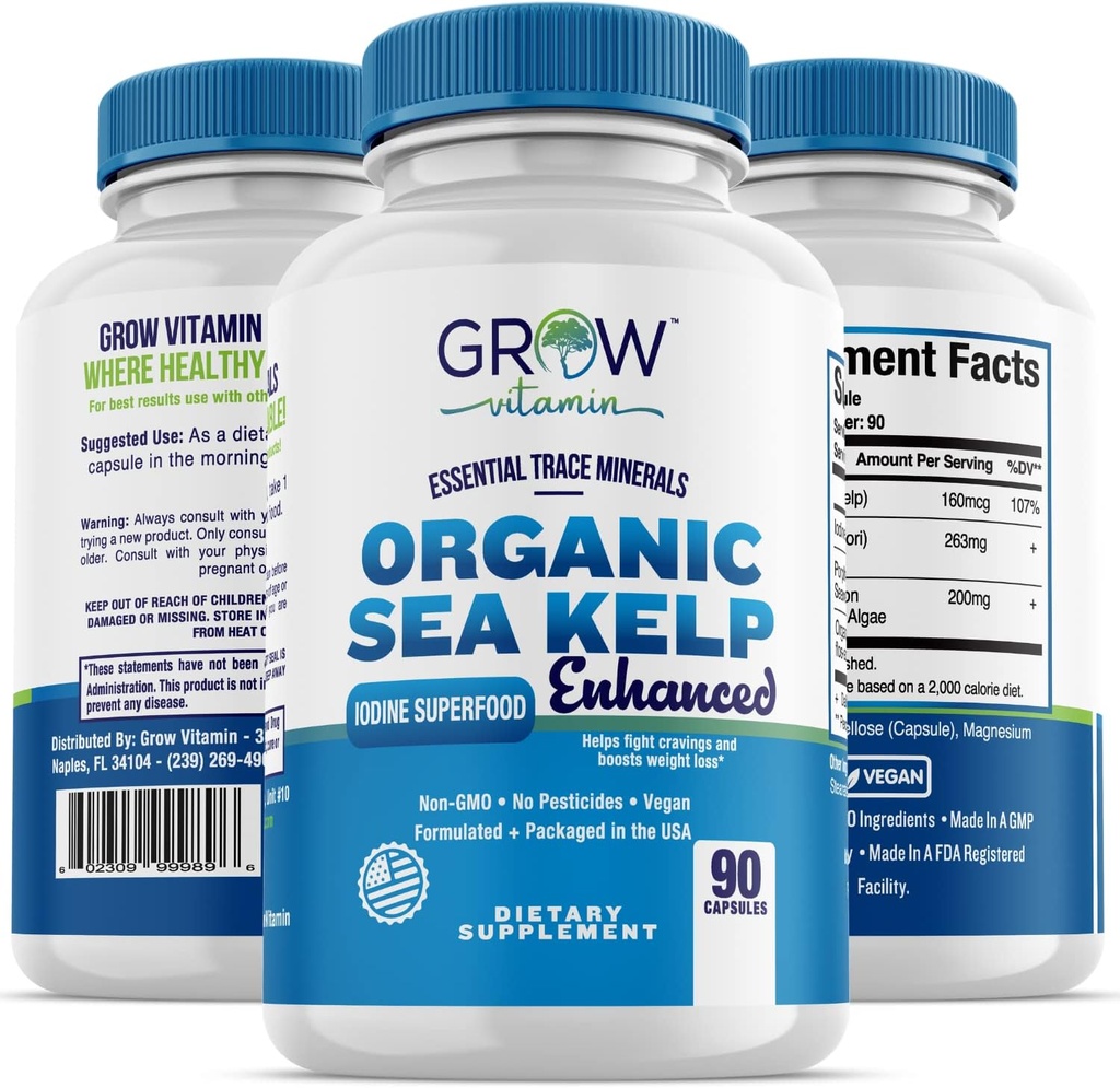 Organic Sea Kelp (Icelandic) Enhanced - Pure Healthy Thyroid Support Natural Iodine Supplement w/Organic Sea Kelp, Blue-Green Algae & Red Algae - Immune System & Metabolism Support - 90 Capsule