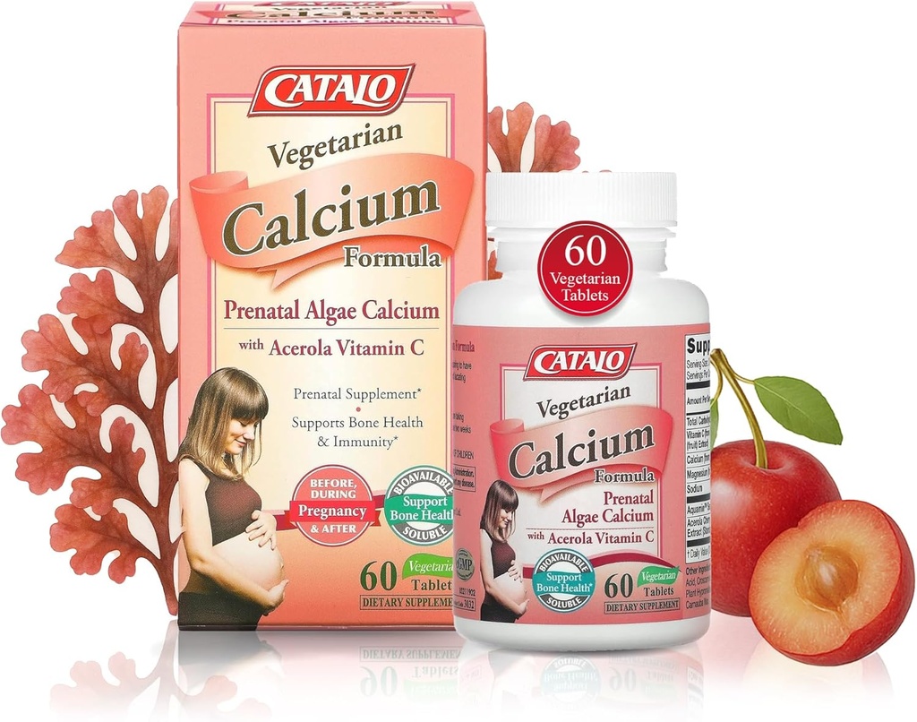 Formula di calcio vegetariano CATALO, Calcium di alghe rosse piantato con vitamina C naturale, Facile da digerire, Mineral-Rich per la nutrizione quotidiana, Ideale per la gravidanza e la lattazione - 90 compresse