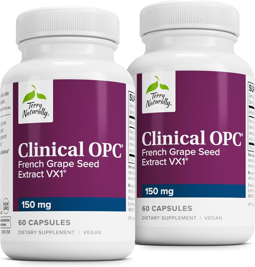 Terry Naturally Clinical OPC - Cardiovascular Health & Focus Support Supplement - Integratore alimentare con Estratto di semi di Uva e Lecitina di girasole - Supporto immunitario - 150 mg, 60 Softgels (Pack of 2)