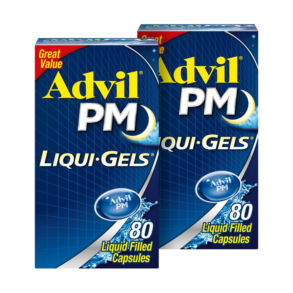 Advil PM Liqui-Gels Pain Reliever e Nighttime Sleep Aid, Medicina del dolore con Ibuprofene per il sollievo dal dolore e Difenidramina HCL per un aiuto al sonno - 2x80 Liquid Filled Capsule