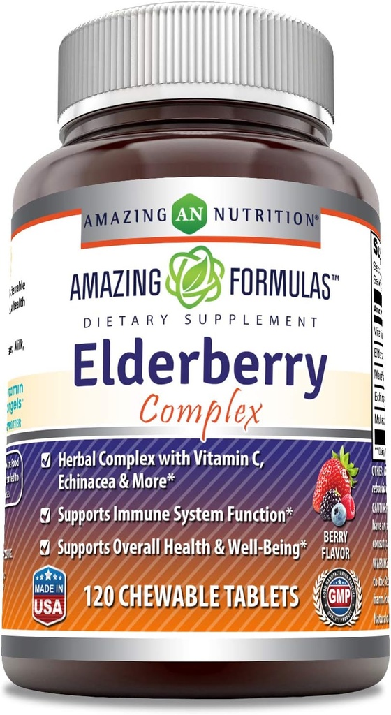 Amazing Formulas Elderberry Complex Supplement | 120 Chewable Tablets | Berry Flavor | Non-GMO | Gluten-Free Made in USA