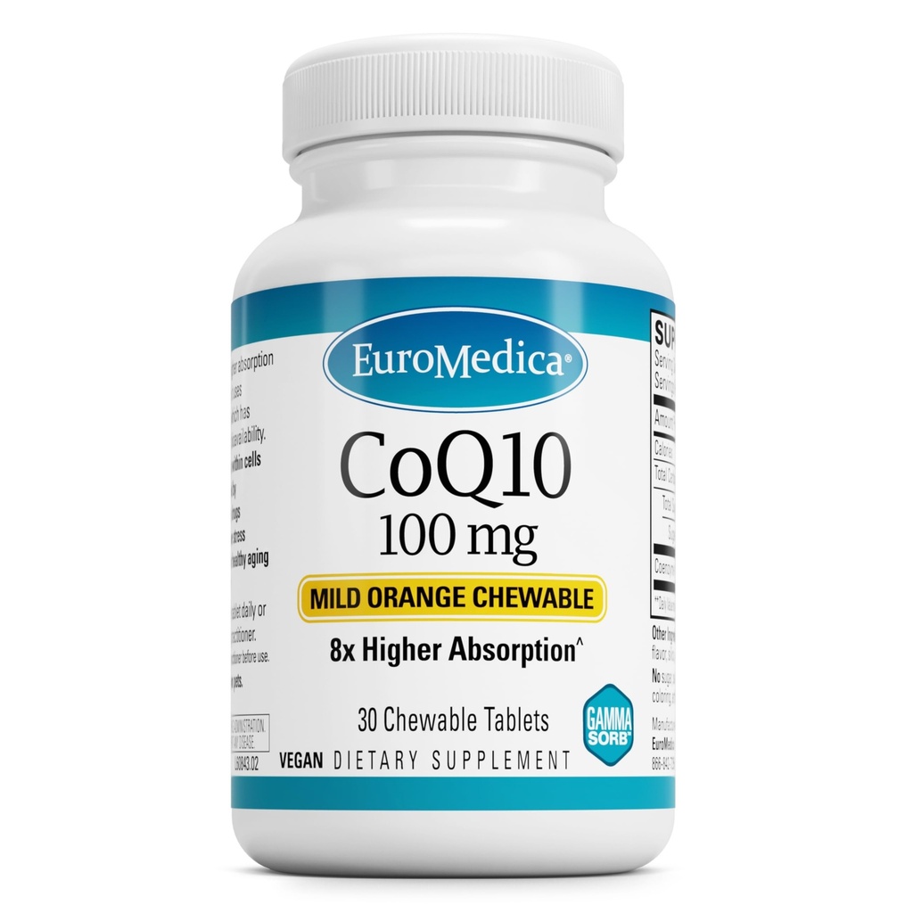 EuroMedica CoQ10 100 mg - Integratore di supporto per l'energia cellulare - Supplemento per l'assorbimento più elevato CoQ10 - Supplemento nutrizionale per l'assistenza sanitaria e la salute del cervello - 30 compresse masticabili