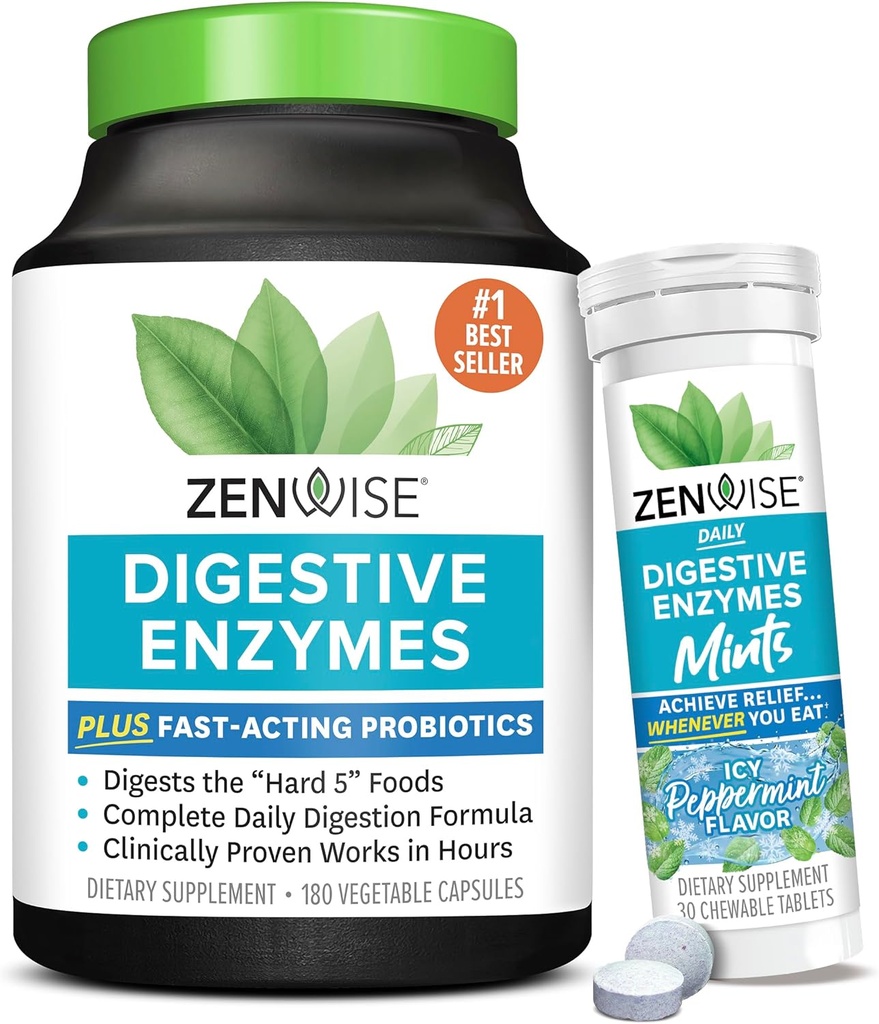 Zenwise salute enzimi digestivi e menta piperita masticabile – enzimi digestivi, probiotici multi enzimi con probiotici per le donne e gli uomini in capsule e menta piperita conveniente