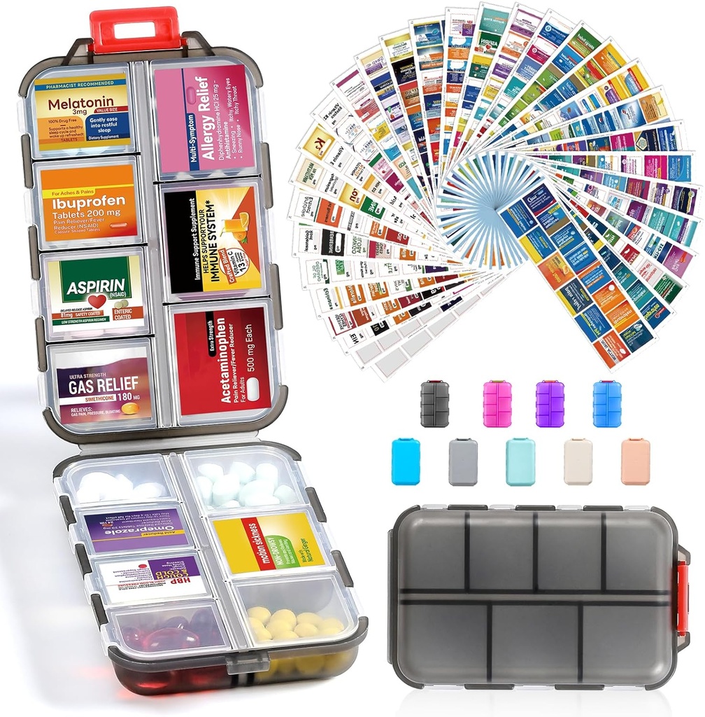 14 Grids Travel Pill Organizer Box con 415-Pcs Medicine Name Etichette - Pocket Daily Pharmacy Case Container Kit - Travel Medication Holder Dispenser per Fish Oil Vitamin Supplement Storage -Clear Grey