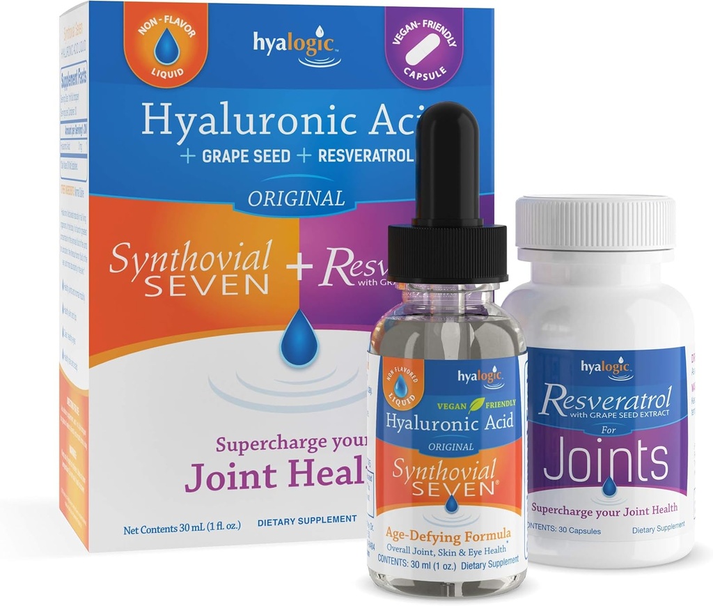 Hyalogic Synthovial Sette Acido Ialuronico Liquido & Resveratrolo Capsule - Supporto Giunto HA - Vegan - 1 oz
