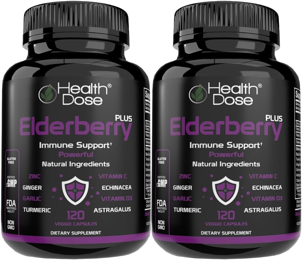 Sanità Dose Elderberry Plus Capsules – Integratore di Supporto Immune con Vitamine C, D3, Zinco, Selenio & 11 Ingredienti per Anno-Round Benessere – 120 Capsule Veggie, 2-Month Fornitura Pack di 2